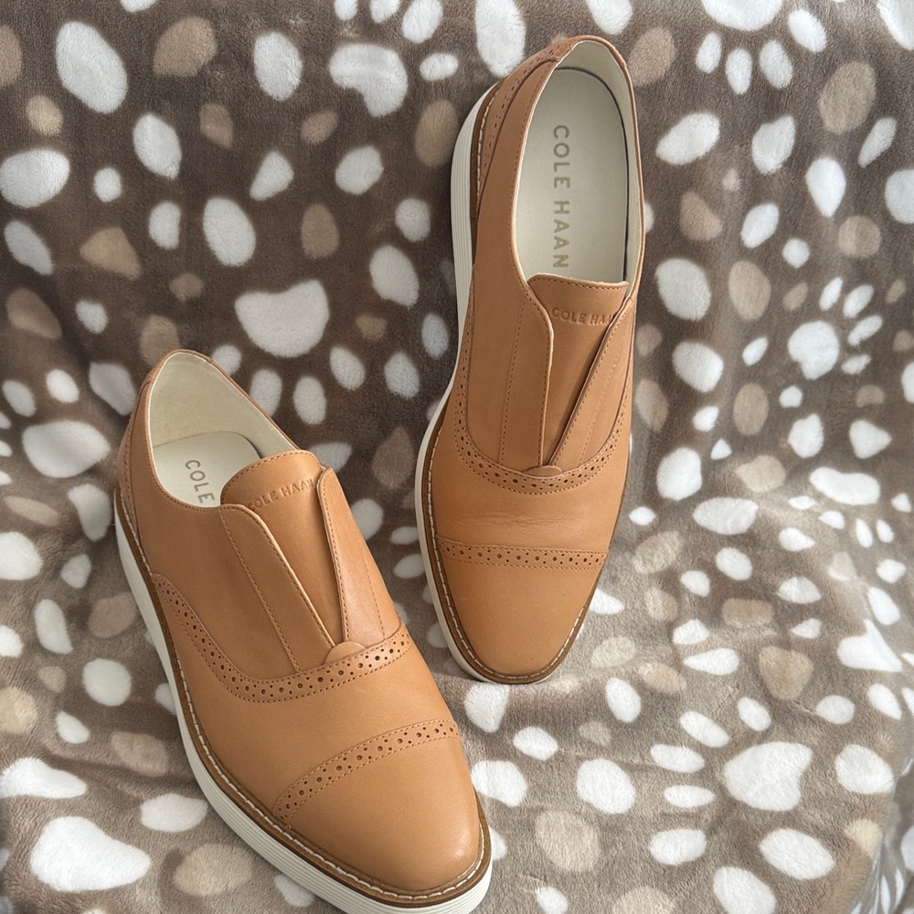 Cole Haan Tan Leather Slip-On Brogue Sneakers with White Sole